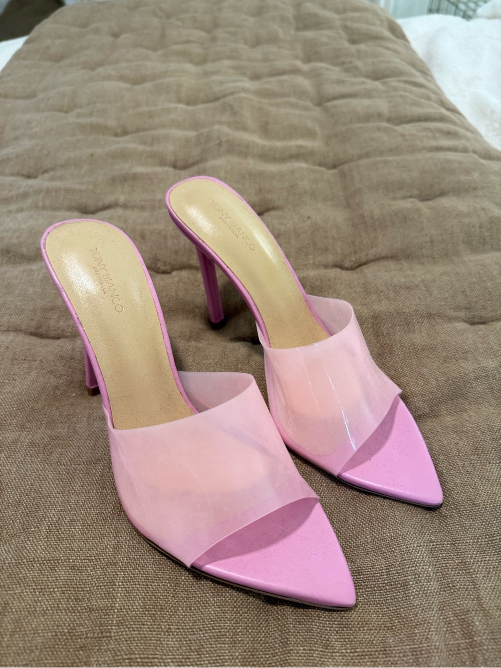 BCBGMaxAzria Pink Pointed Clear Strap Mule Heels